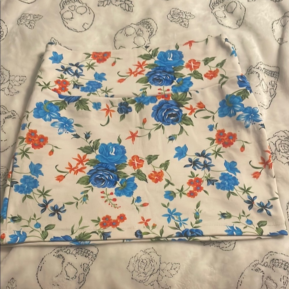Floral Print Skirt - Blue and Orange